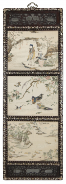 One of Eight Hanging Panels with the Eight Immortals and Eight Views in Canton
Late Qing dynasty or early Republican period
Silk, mounted in mother-of-pearl inlaid blackwood frame
H 175 x W 61.4 x D 3 cm
HKU.W.1996.1084 a-h
Gift of Dr T T Tsui, Tsui Art Foundation Ltd.

This panel shows three scenes: Lu Tung-pin, one of the eight immortals, together with a boy carrying a Guqin, butterflies and Mandarin ducks and the Datong temple in misty rain